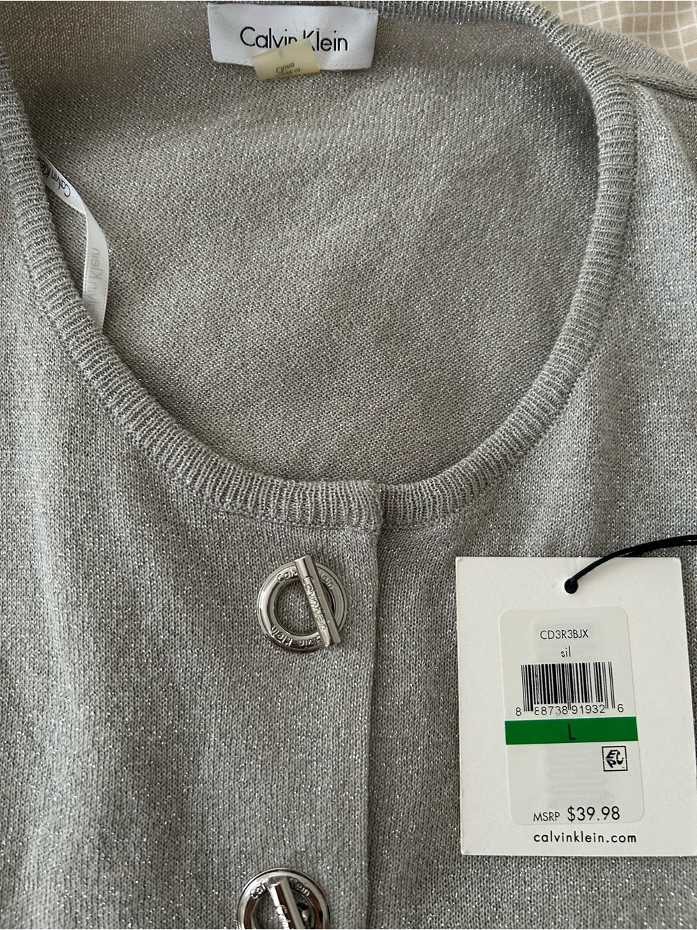 Calvin Klein Silver Crewneck Cardigan Sweater L